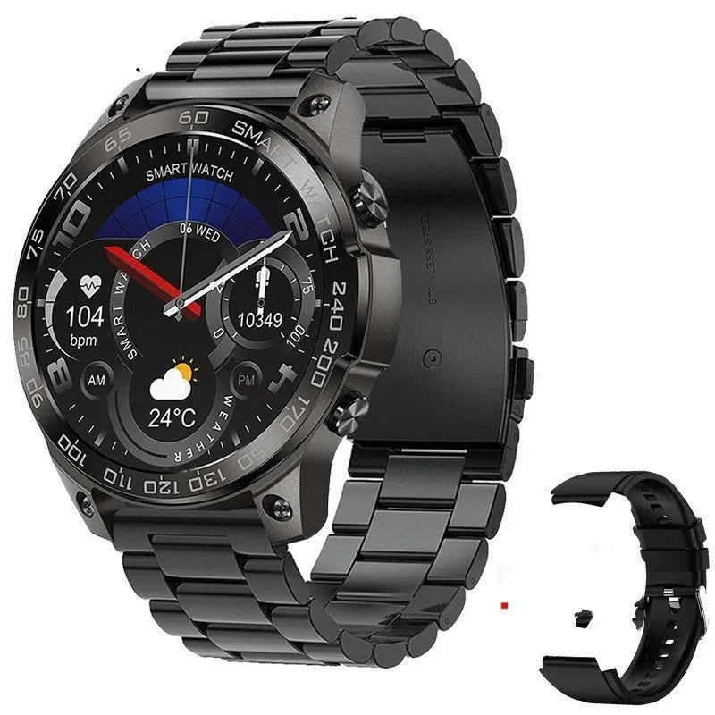Round dial sports watch with AMOLED screen and silicone strap showing Bluetooth calling and fitness tracking features