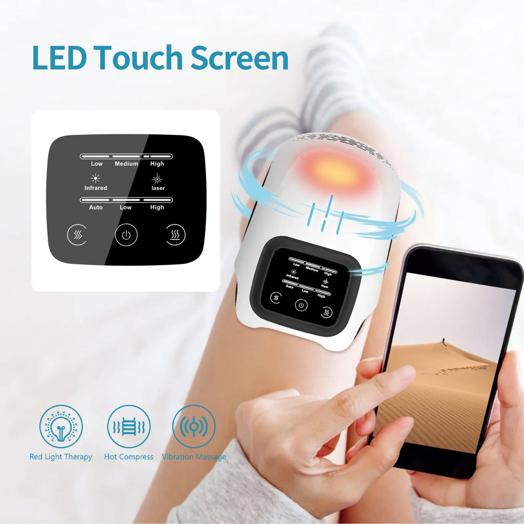 White intelligent electric knee massager with wrap-around design and USB cable