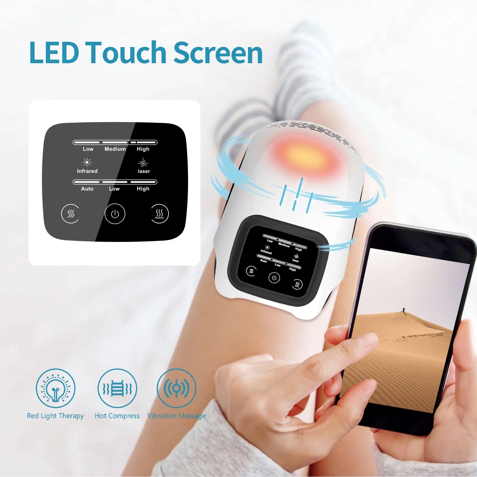 White intelligent electric knee massager with wrap-around design and USB cable