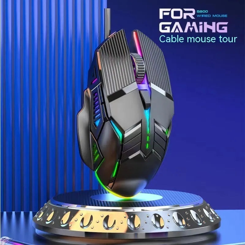 6D colourful luminous wired mouse in black, white, or pink with USB cable for desktop gaming or office use