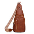 A soft PU women's crossbody messenger bag in beige, shown with an open outer pocket and decorative stitching.