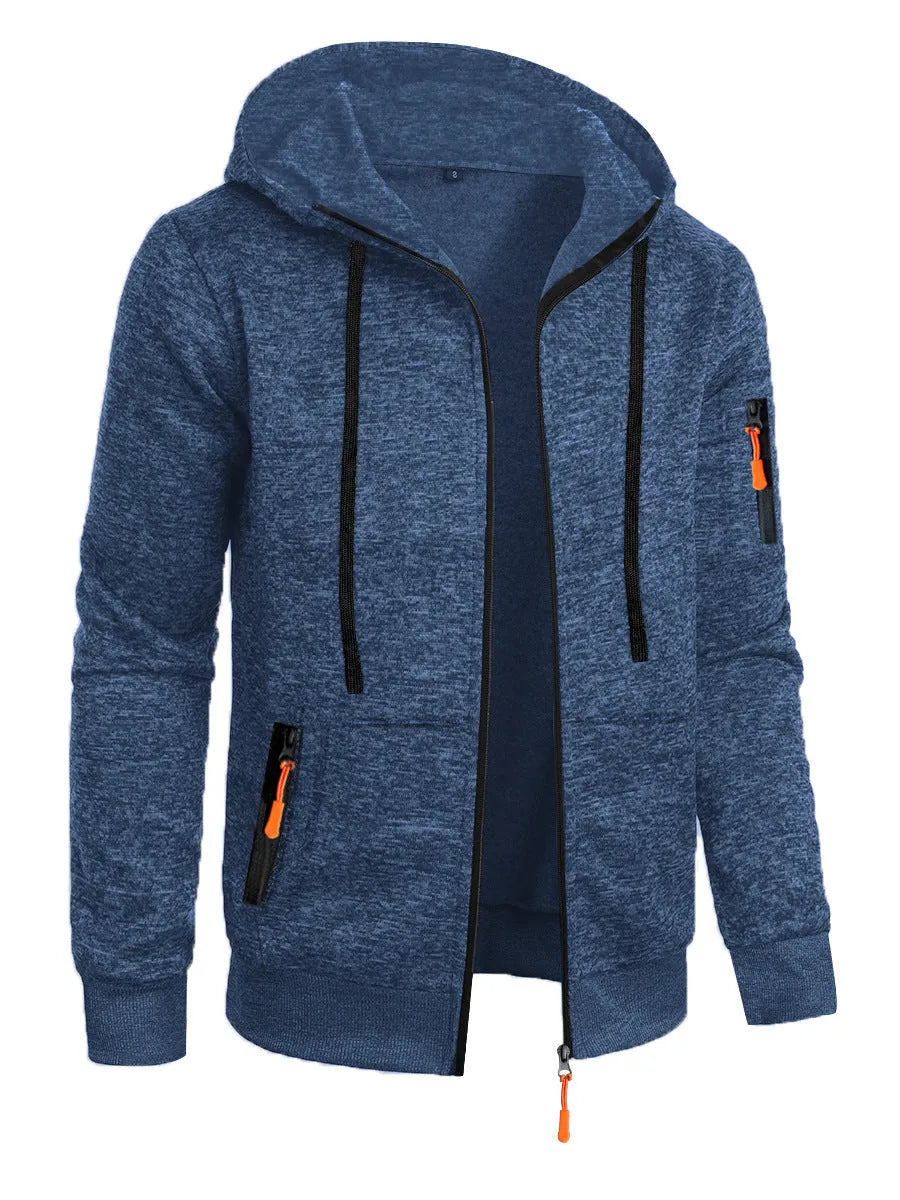 Men's loose fit polyester fibre hooded cardigan coat in solid colour jacquard knit, front view
