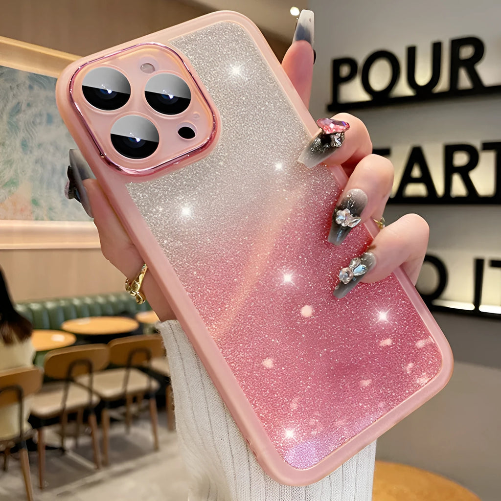 Transparent magnetic glitter gradient iPhone case showing silver electroplated finish on TPU soft rubber