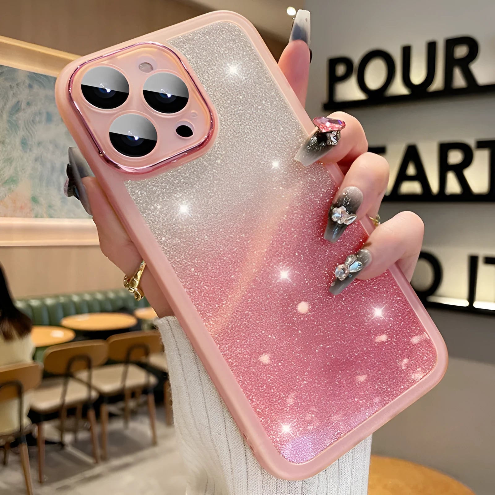 Transparent magnetic glitter gradient iPhone case showing silver electroplated finish on TPU soft rubber