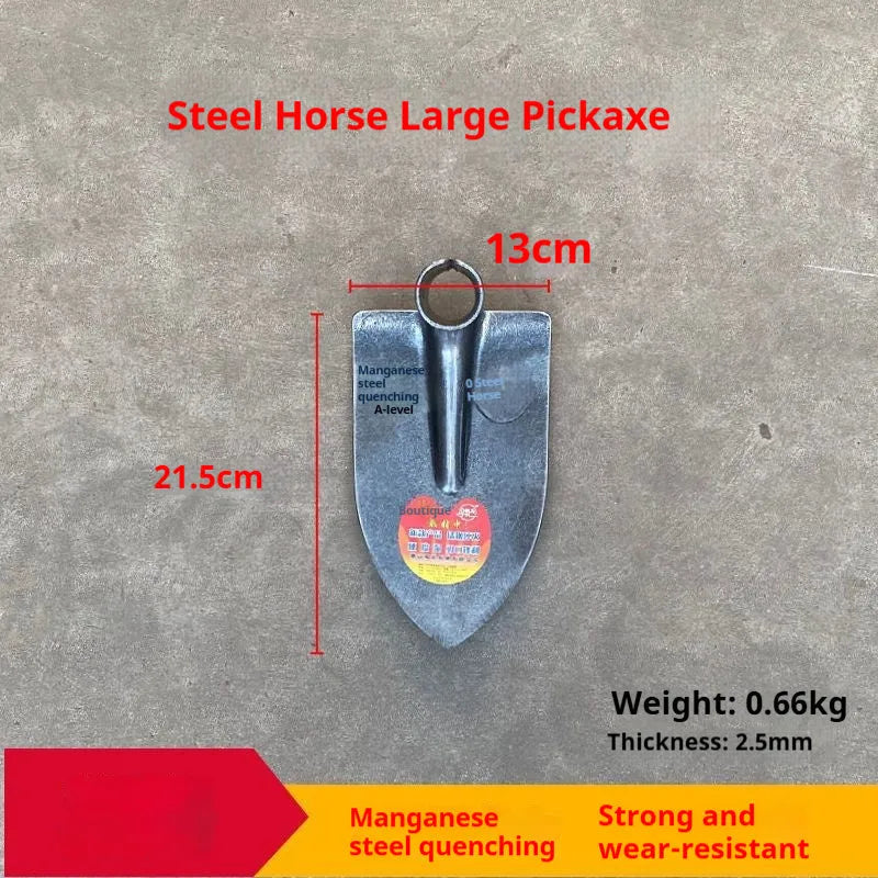 Agricultural pointed flat hoe tool with a steel horse tip for ploughing and weeding.