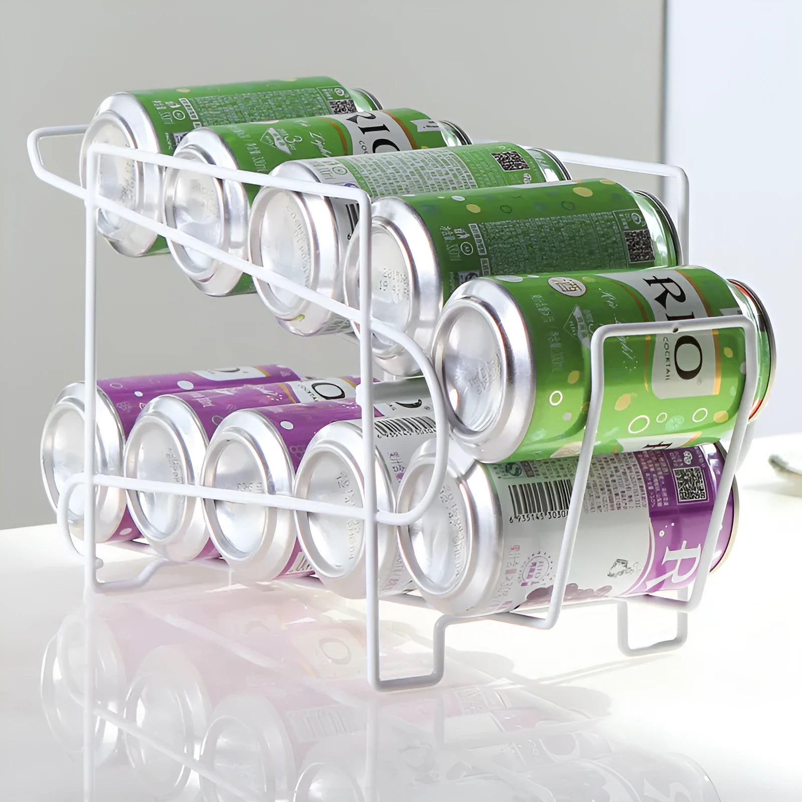 Double-layer iron kitchen storage rack for cans showing two tiers and compact size