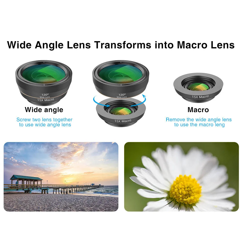 Black 6-in-1 mobile phone camera lens kit with fisheye, macro, wide-angle, telephoto, CPL, and star filter lenses on a universal clip.