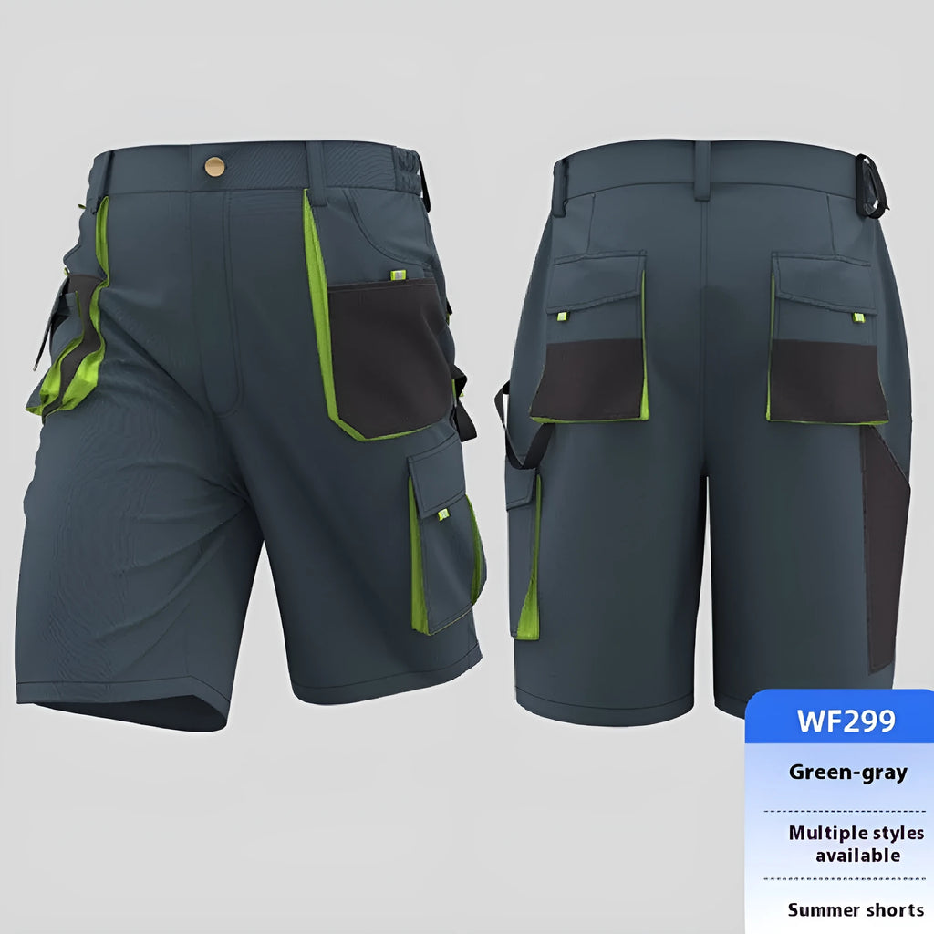 Men's summer casual work shorts in polyester, available in Black and Red, Green Gray, and Brown, sizes S to 3XL