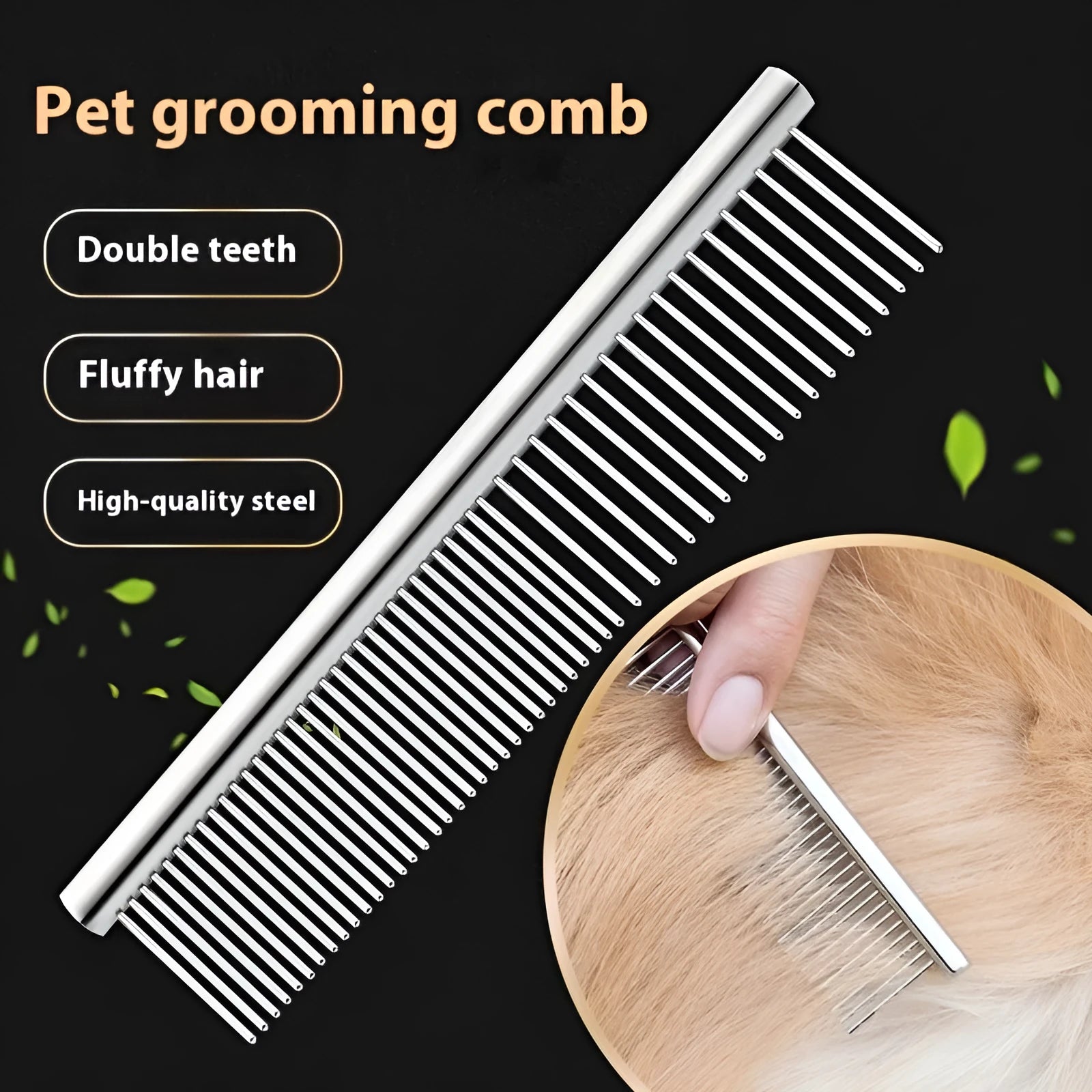 Silver stainless steel straight pet comb in OPP bag, four sizes available for cats and dogs