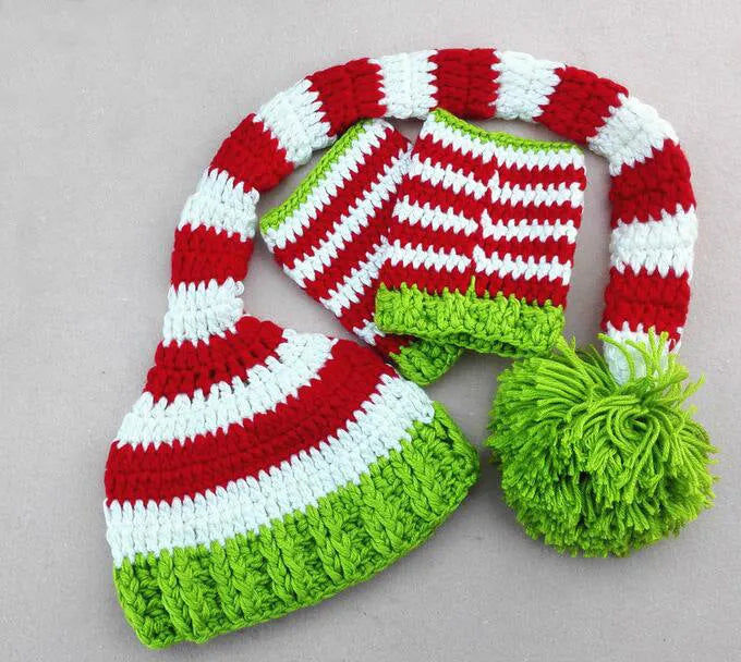 Green acrylic thread baby leg cover set with hat for 100-day photography portrait