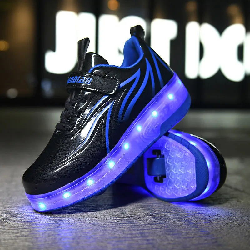 Light charging pulley shoes with double PU wheels in Black Blue colour, size 28-40