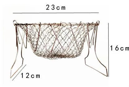 Stainless steel foldable deep fry basket with a grid design and a handle.