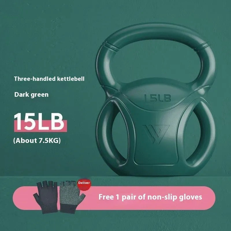 Pink kettlebell 10 lbs with gloves on wooden floor for home exercise