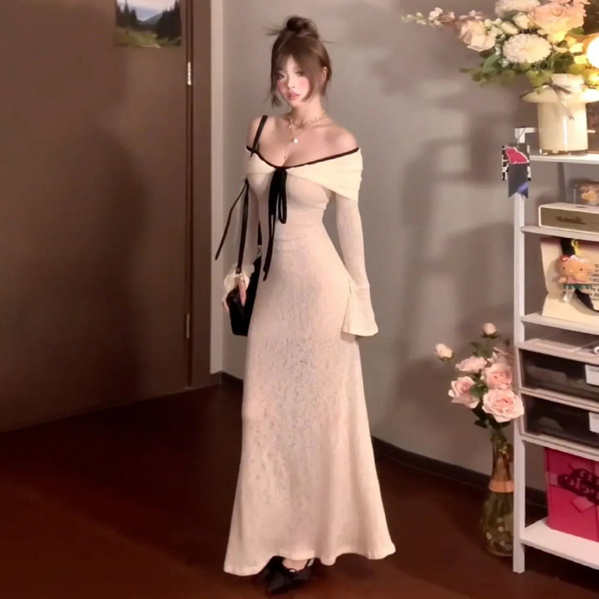 White off-shoulder long-sleeved knitted dress for women with high waist, polyester fabric, sizes S to XL