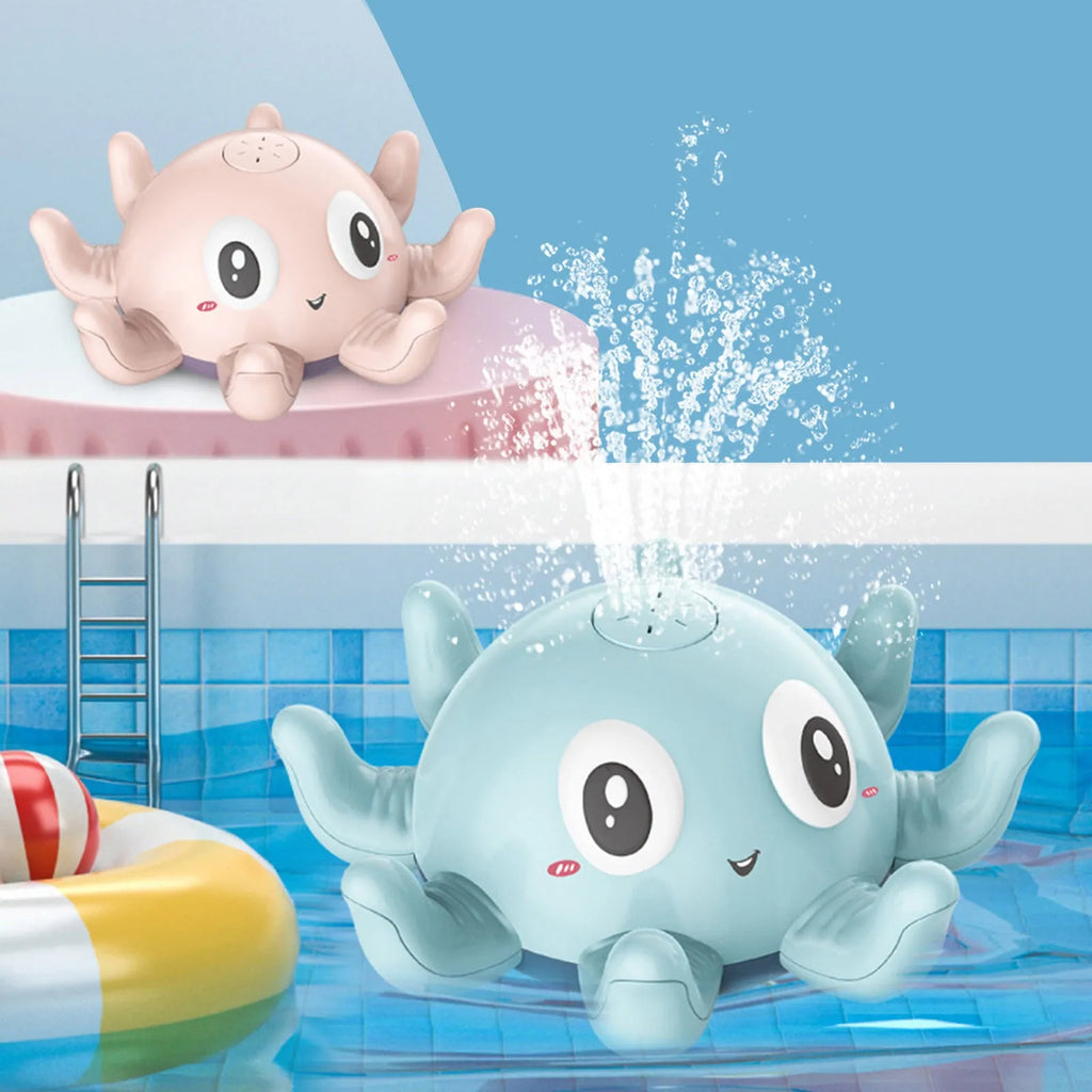 Blue and pink automatic spray octopus bath toy with flashing lights next to its colour box packaging.