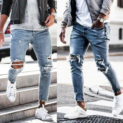 Men's light blue straight-leg distressed jeans with embroidery and washed finish, five-point length, mid-rise zip closure