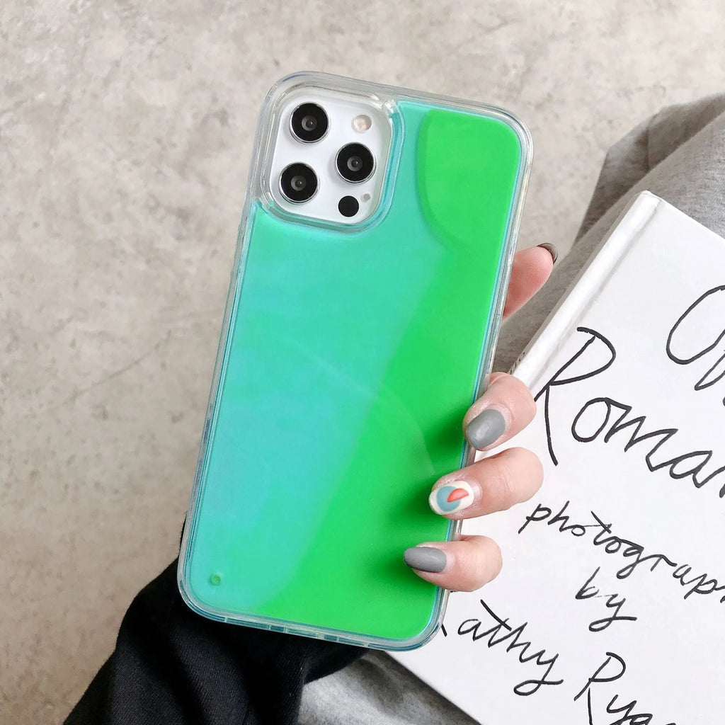 Luminous glitter quicksand iPhone case with TPU rear cover in Green Yellow, Blue White, Orange Yellow, Purple Pink, Black and White