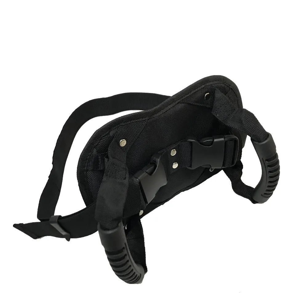 Motorcycle rear seat safety handle in black with Oxford cloth strap and adjustable buckle