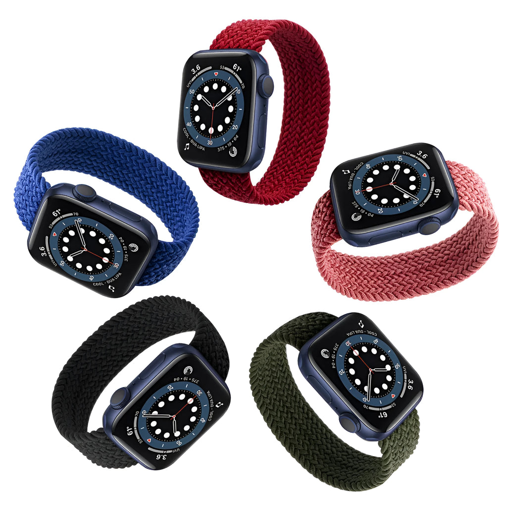 Elastic woven Apple Watch strap in recycled yarn, shown in red, fitting a smartwatch.