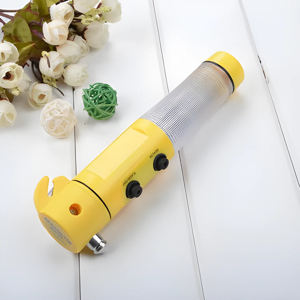 Car emergency tool with LED torch, magnetic beacon light, belt cutter, and window hammer on black background