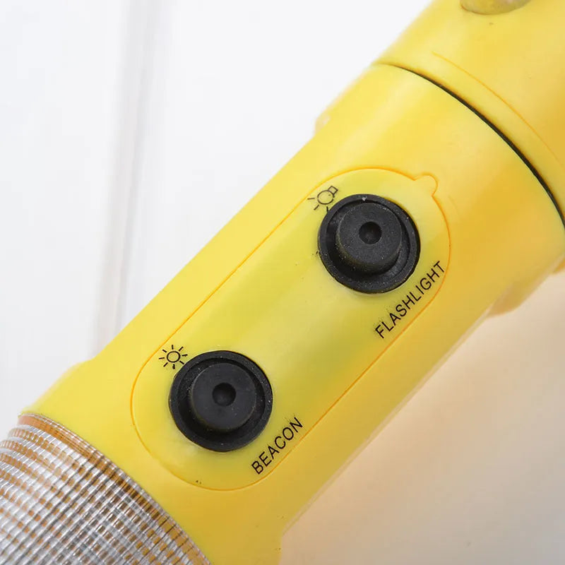 Car emergency tool with LED torch, magnetic beacon light, belt cutter, and window hammer on black background