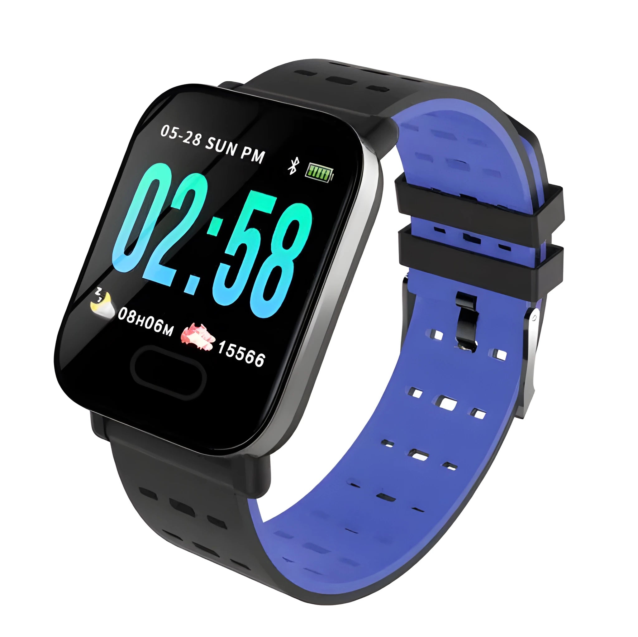 A6 smart fitness bracelet with colour touchscreen and black silicone strap on a wrist