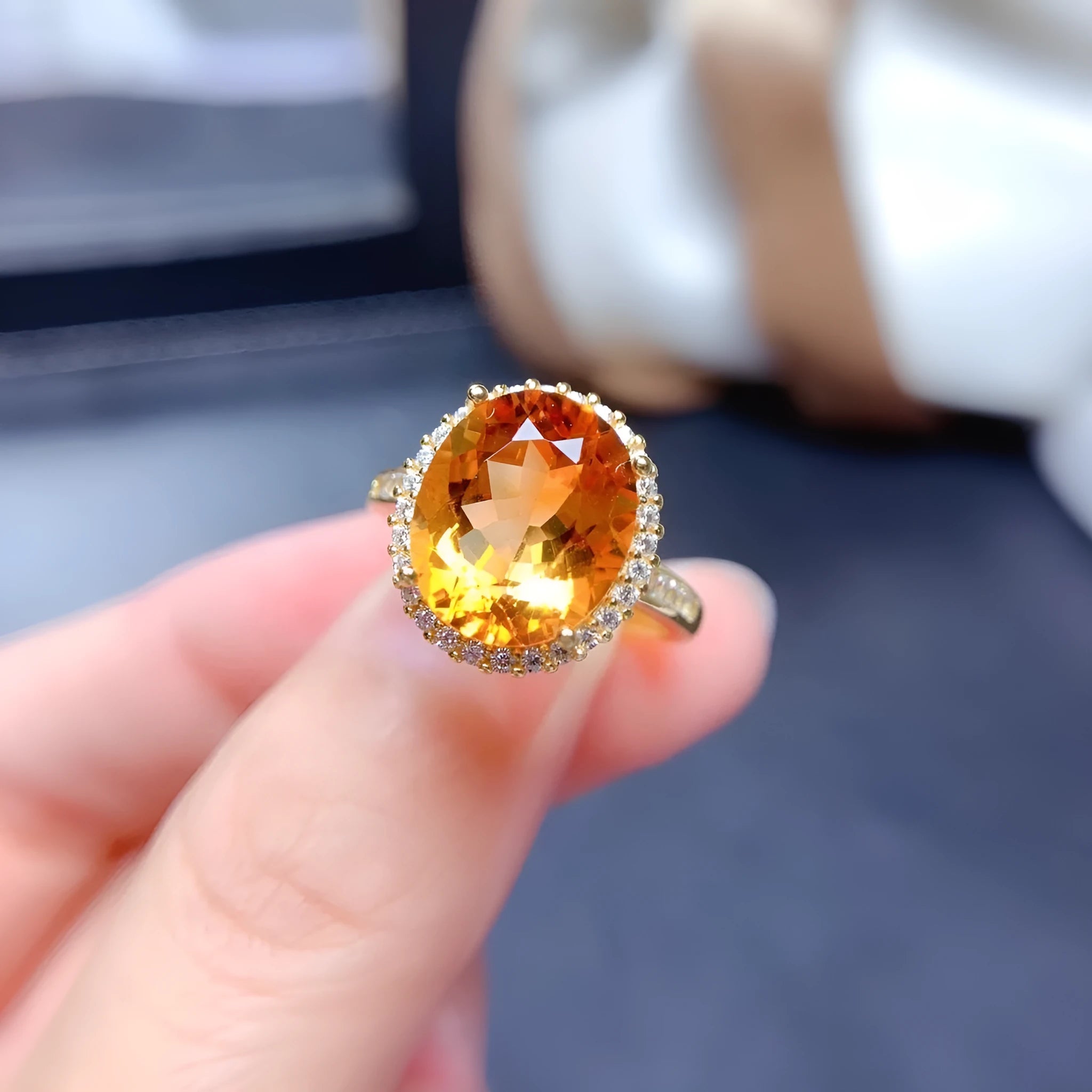 Natural citrine open ring on copper adjustable band with gold yellow diamond finish geometric shape