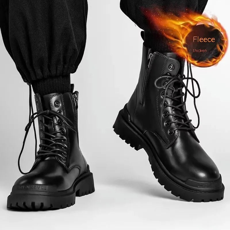 Men's black mid-top Tide British boots with a waterproof PU upper and flat rubber sole.