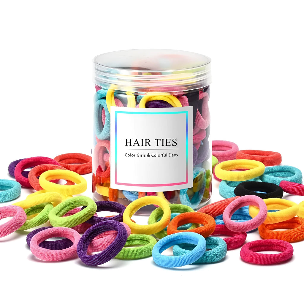 100 multicolour seamless cotton baby hair ties, 0.85 inch, in a small jar