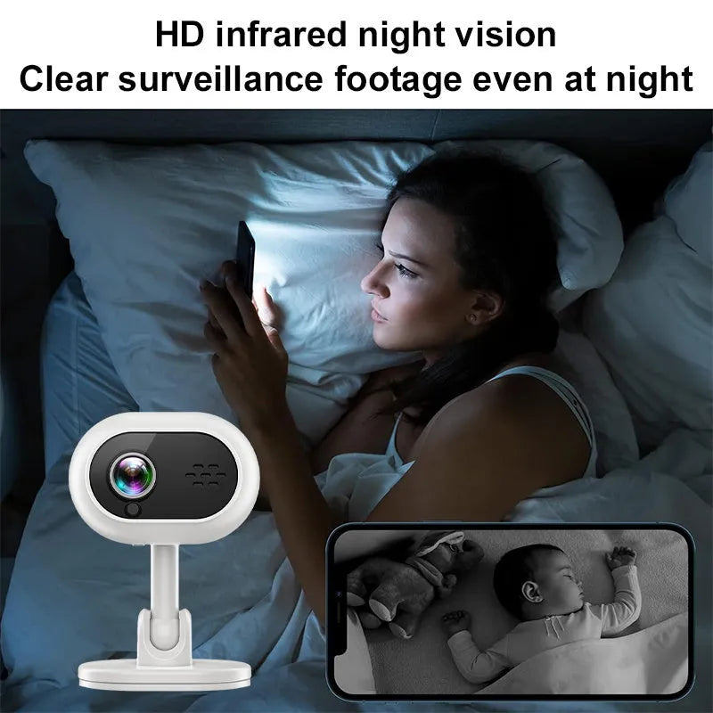 White 1080P HD mini WiFi camera with night vision, compact design for indoor monitoring.