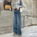 Woman wearing retro blue high-waisted straight-leg jeans in a cotton denim fabric.