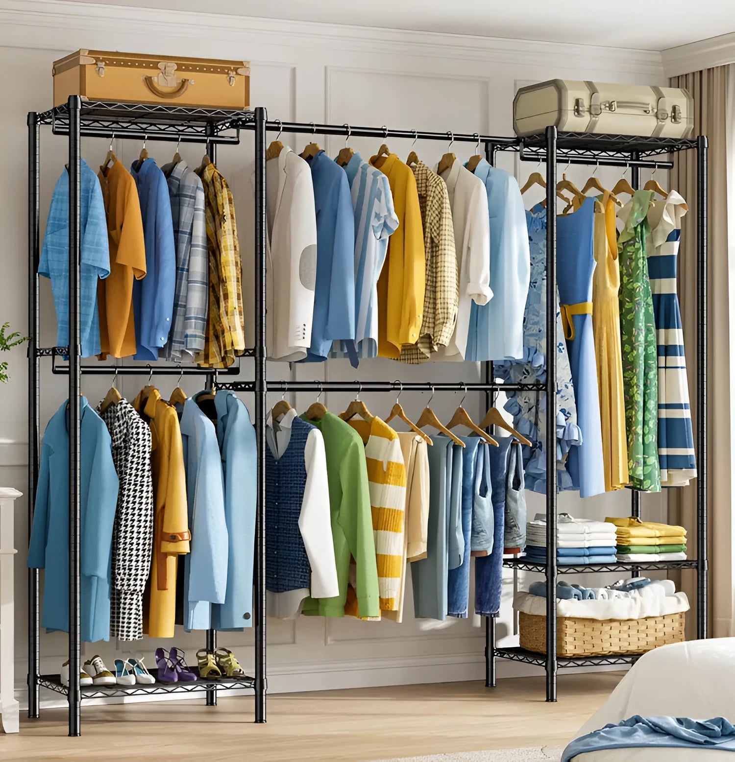 Black metal freestanding floor storage rack for clothes hangers, trousers, and ties.