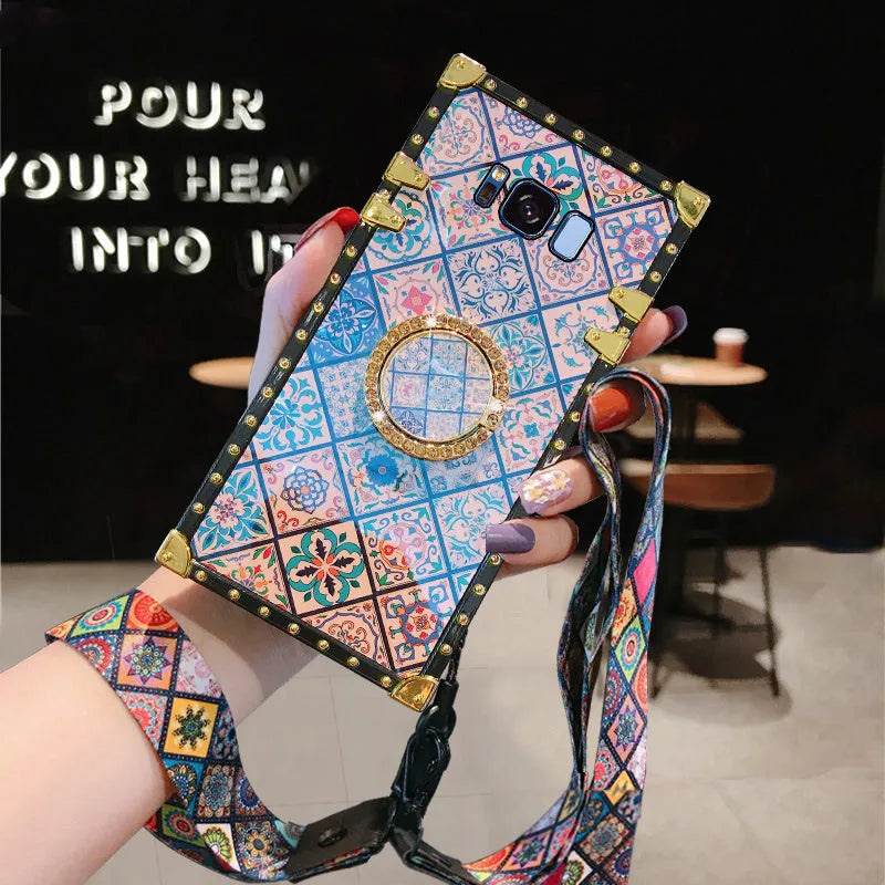 Samsung S8 phone case with Bohemian style blue light mirror frame and silicone sheath texture