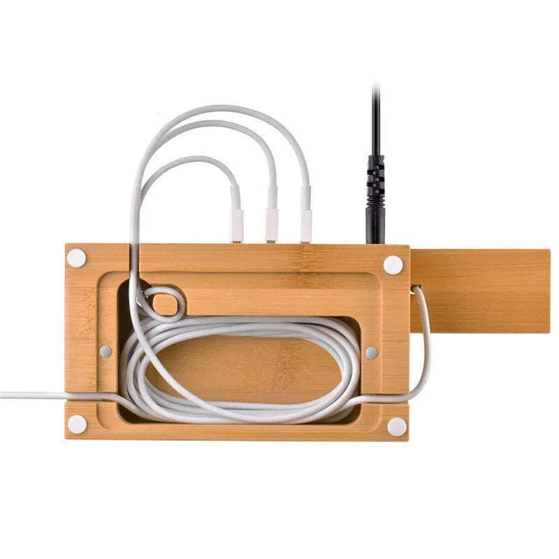 Natural bamboo charging station with 3 USB ports, Apple Watch charger cutout and AirPods hole