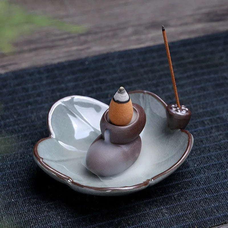 Square purple clay ceramic reverse flow incense burner with lotus and plum blossom good luck patterns