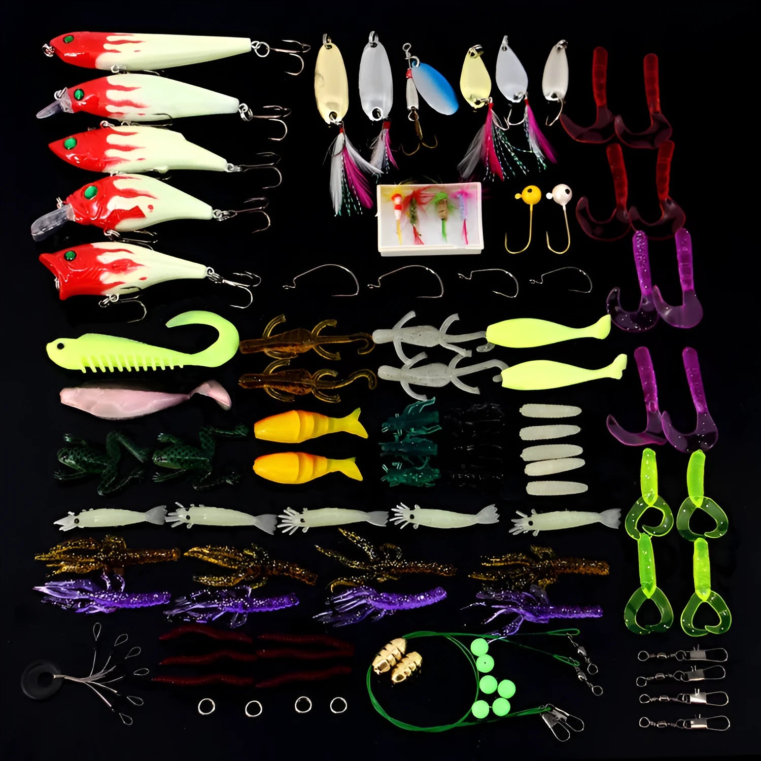 Wholesale 100-piece fishing lure set with bionic sequins and mixed colours in a box