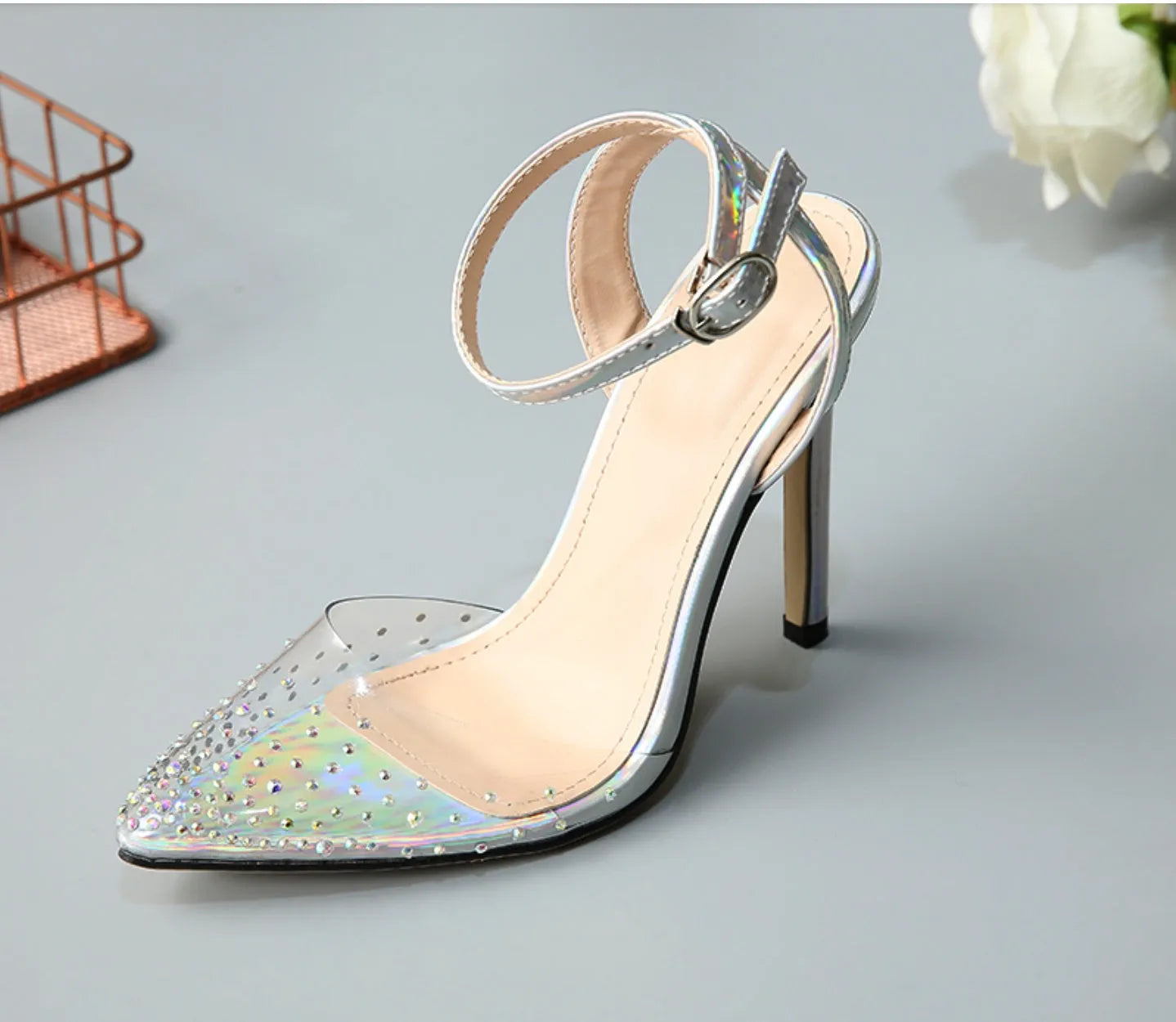 Women's pointed toe stiletto sandals with diamond details on a PVC upper, showcasing a 9cm heel.