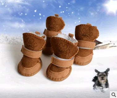 Khaki velvet dog snow boots set of four for small medium dogs winter warm paw protection