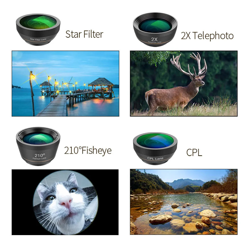 Black 6-in-1 mobile phone camera lens kit with fisheye, macro, wide-angle, telephoto, CPL, and star filter lenses on a universal clip.