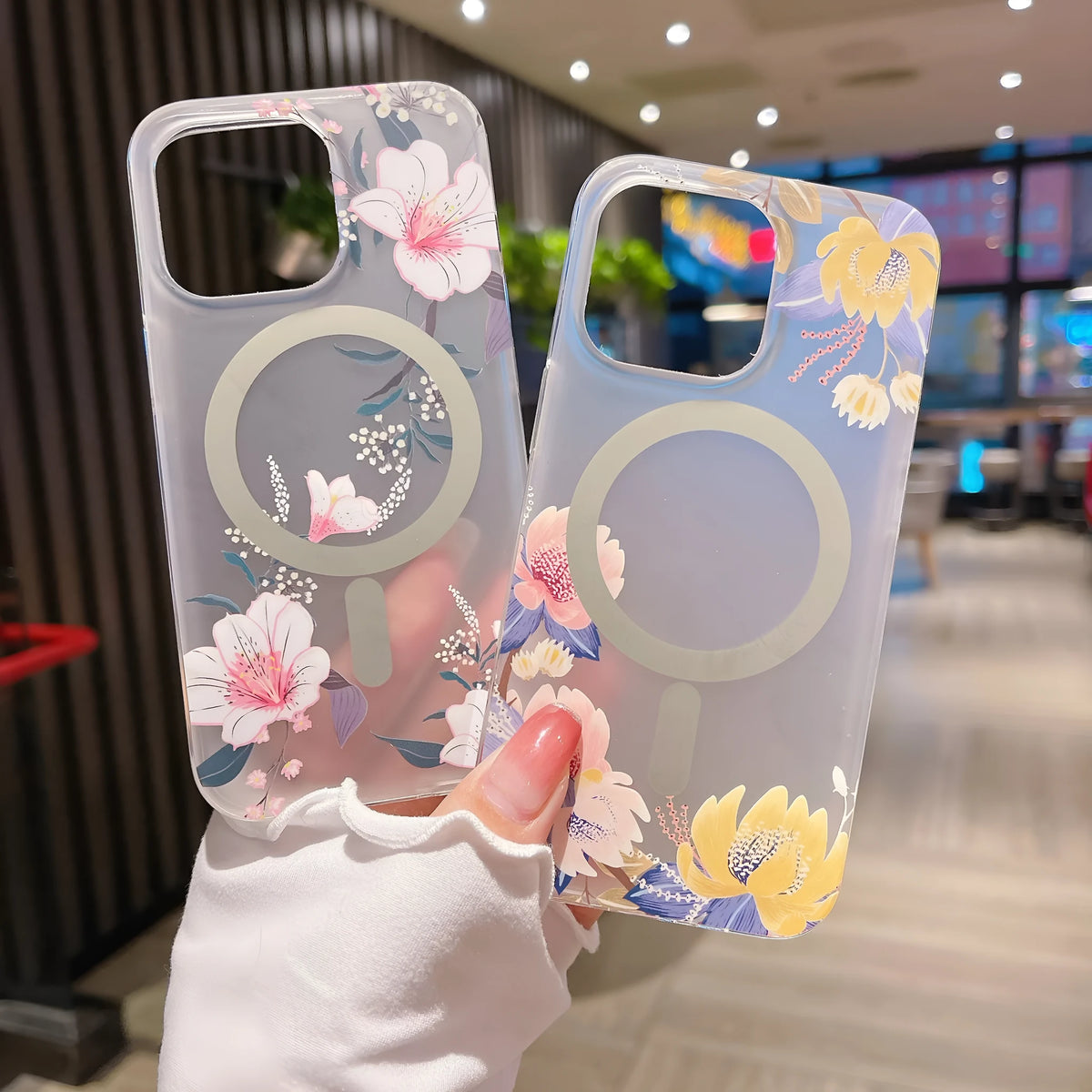 Clear frosted flower iPhone case with magnetic suction, shockproof TPU PC rear cover for iPhone 11-16 models