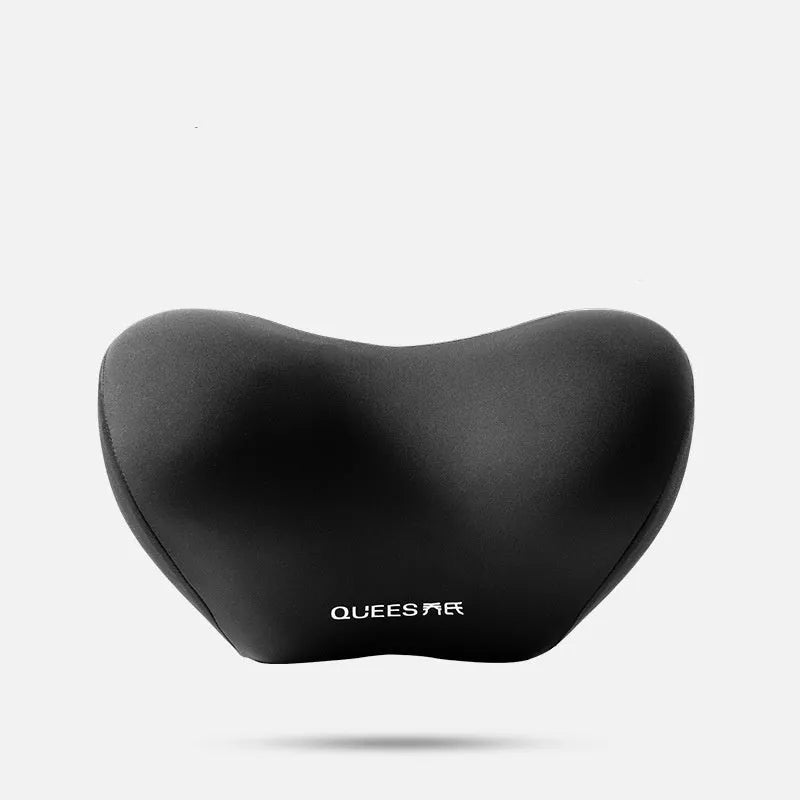 Black and grey memory foam car seat lumbar support pillow and headrest on a car seat.