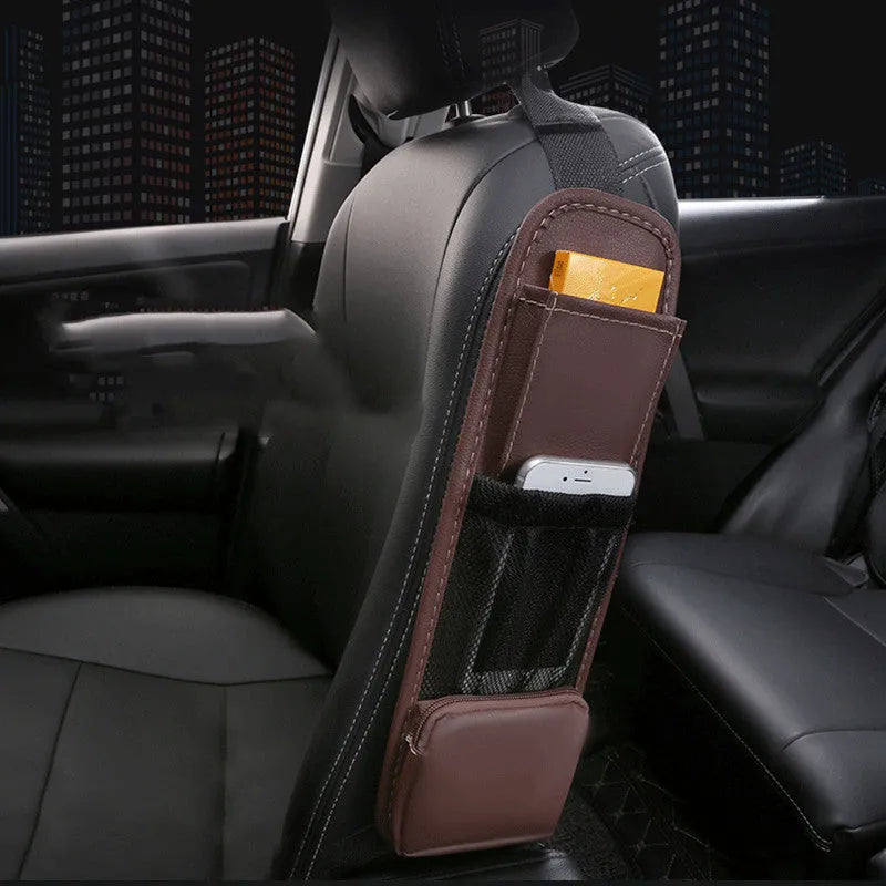 Multifunctional leather car side pocket storage bag with hook installation in black, fitted to middle of car seat