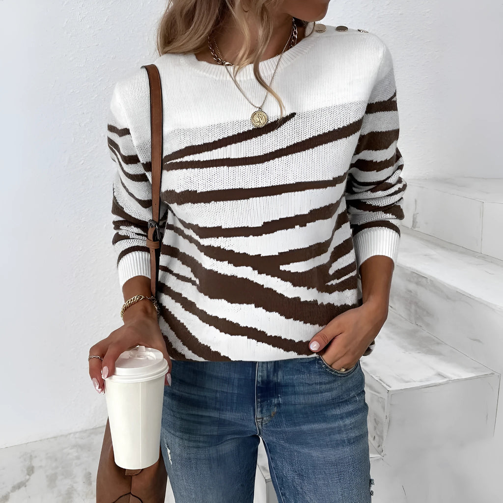 Zebra print round neck long sleeve sweater in acrylic knit, loose fit pullover, black and white colour