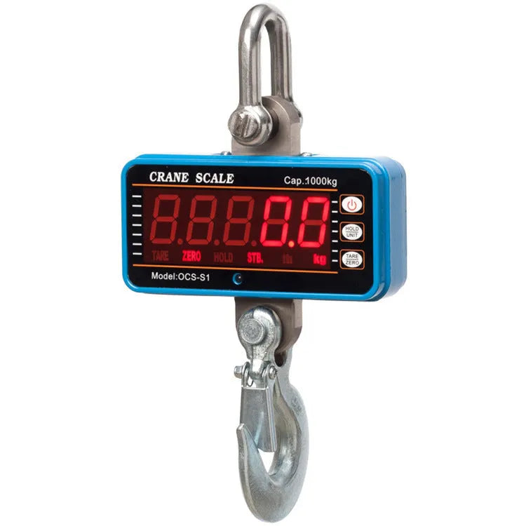 Orange electronic crane scale with digital display showing weight, for loads up to 500kg.