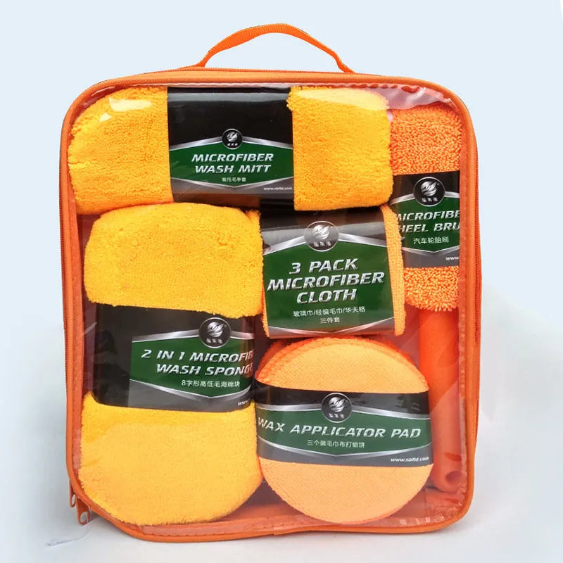 9-piece car wash kit with tire brush, wool glove, sponge block, two 280G/M2 towels, waffle cloth and three waxing cakes