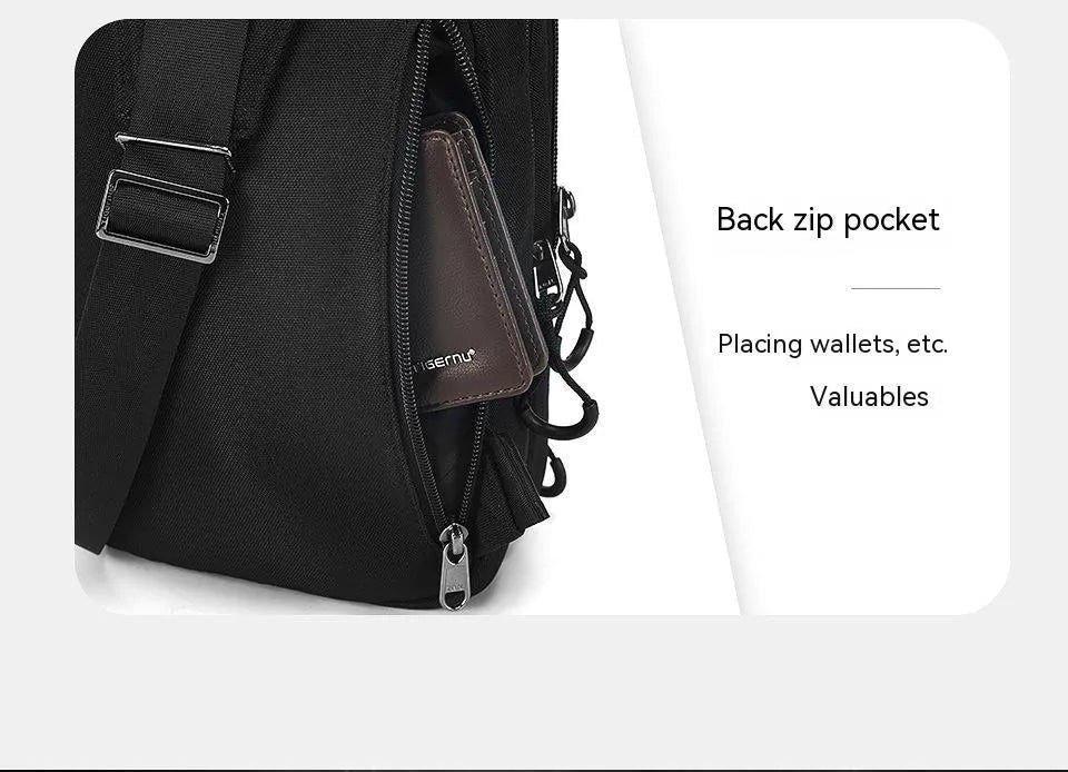 Casual black camouflage print chest bag with adjustable shoulder strap and top handle on a person