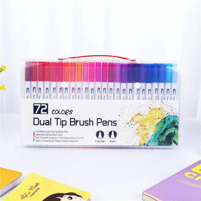 Set of ink water colour pens in a case, showing multiple colour barrels for artistic use.