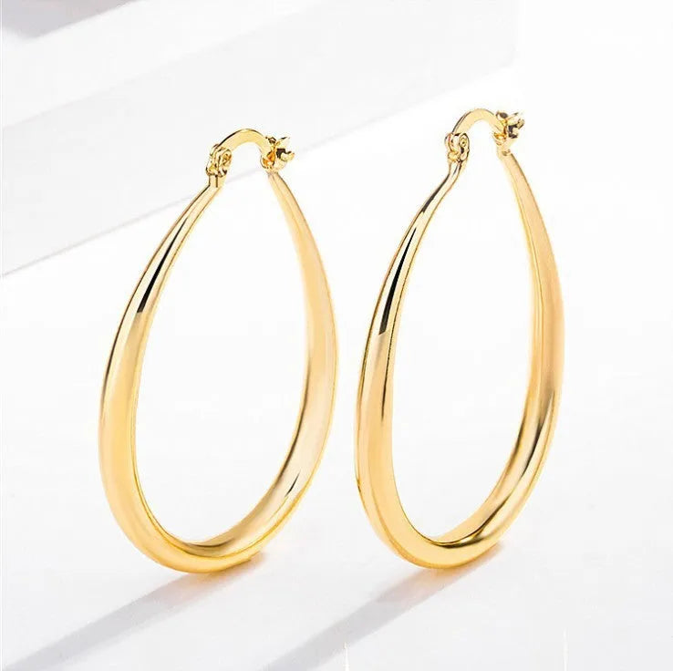 Geometric oval earrings for women, gold electroplated metal with alloy inlaid artificial gems