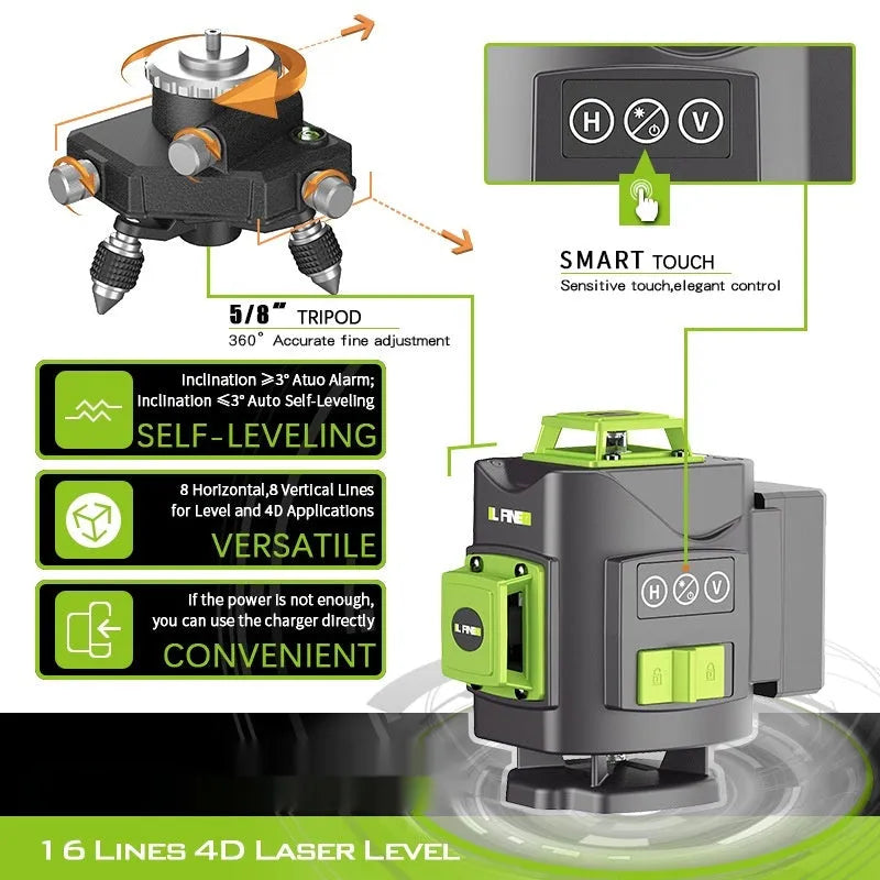 Green laser level projecting 16-line 3D cross pattern on walls and ceiling