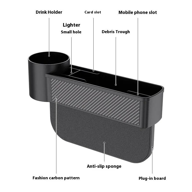 Black ABS car seat gap storage box filling the space between car seat and console